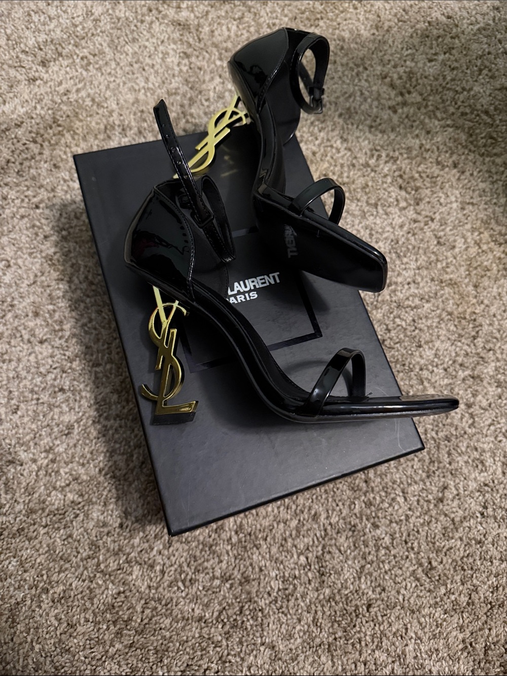 Saint Laurent Black Patent Heeled Sandals with Gold YSL Logo Heel